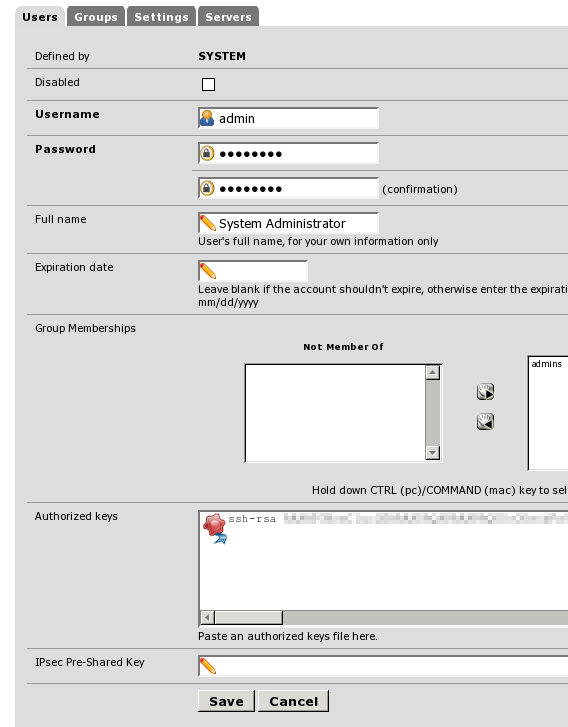 the pfSense admin user settings page, an ssh key has been pasted in the authorized keys field